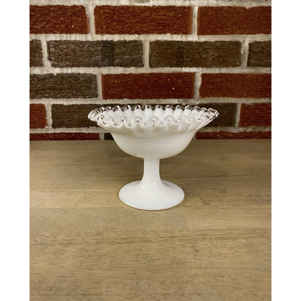 VTG Fenton Silver Crest Milk Glass Pedestal Compote or Candy Dish. 4" x 6"